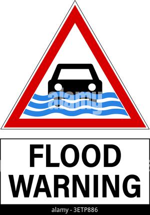 Avvertenza alluvione. Segnale stradale triangolare con pittogramma di un'auto in acque alluvionali. Testo di seguito. Illustrazione Vettoriale