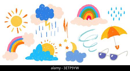 Icone meteo pastello colorate impostate su sfondo bianco. Illustrazione di cartoni animati vettoriali di sole pugliarello disegnato a mano, nuvole, luna, stelle, pioggia, arcobaleno, fulmini e vortice del vento, disegni per bambini disegnati a mano Illustrazione Vettoriale