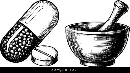Un classico disegno in bianco e nero che mostra una pillola di capsule spaccata con piccoli granuli e un mortaio tradizionale con pestello per la macinazione. Illustrazione Vettoriale