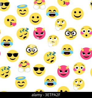 Pattern di emoticon e emoji senza interruzioni, illustrazione vettoriale emoji, sfondo emoji per social network. Illustrazione Vettoriale