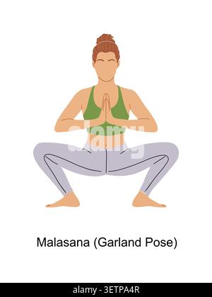La donna si siede bassa in una posa da yoga accovacciata. Illustrazione Vettoriale