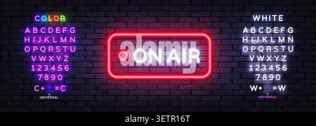 Modificabile sul cartello al neon Air con alfabeto colorato e numeri sulla parete in mattoni. Modello di carattere luminoso personalizzato per lo streaming studio, il canale di trasmissione e. Illustrazione Vettoriale