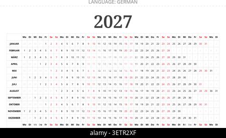 Modello di calendario lineare annuale minimalista 2027 per la Germania in lingua tedesca con semplice design orizzontale a griglia Illustrazione Vettoriale
