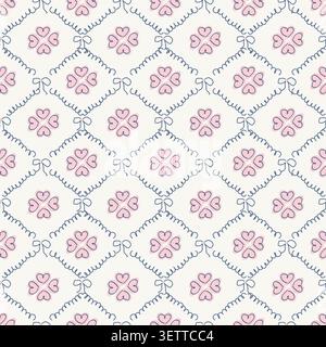 Grazioso motivo fiore rosa senza cuciture con reticolo a nastro diamantato. Illustrazione Vettoriale floreale vintage per tessuti, tessuti, carta da parati, involucri. Illustrazione Vettoriale