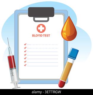 Illustrazione del vettore dal design piatto di una lista di controllo per l'analisi del sangue, di una siringa e di una provetta campione sulla clipboard. Illustrazione Vettoriale