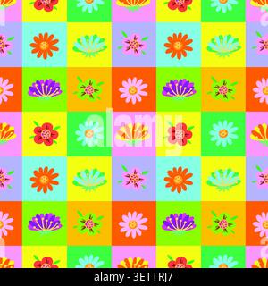 Vivace motivo vettoriale con fiori stilizzati disposti in un layout a griglia multicolore. Illustrazione Vettoriale