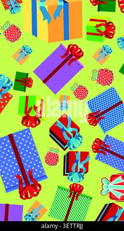 Le confezioni regalo colorate con nastri cadono su uno sfondo vettoriale piatto di colore verde brillante. Illustrazione Vettoriale