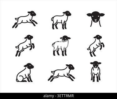 Set di icone miste di pecora e agnello, silhouette minimaliste, foglio di animali a vettoriale piatto Illustrazione Vettoriale