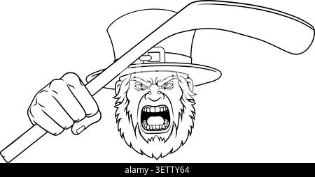 Un personaggio cartoni animati irlandese celtico di Leprechaun che tiene un bastone da hockey illustrazione della mascotte della squadra sportiva di hockey su ghiaccio. Illustrazione Vettoriale