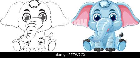 Illustrazione vettoriale di un elefante seduto in bianco e nero. Illustrazione Vettoriale