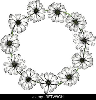 Cornice rotonda vintage con fiori di camomilla bianchi Illustrazione Vettoriale