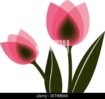Illustrazione moderna e minimalista di due tulipani rosa con foglie scure Illustrazione Vettoriale