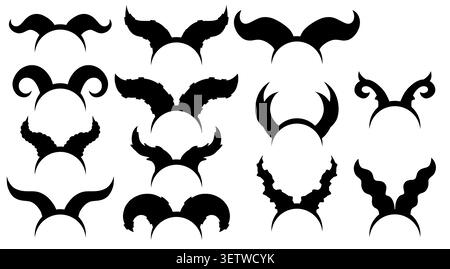 Set vettoriale di fascia per capelli nera con vari corni demoniaci. Accessori mitologici per capelli. Collezione di corni fantasiosi con archetto Illustrazione Vettoriale