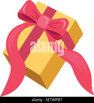 Un grande regalo con un fiocco per le vacanze. Carta da imballaggio gialla, nastro in raso rosso per compleanni, Capodanno, Natale. Illustrazione vettoriale della confezione regalo Illustrazione Vettoriale