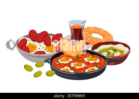 Colazione tradizionale turca con menemen e uova fritte con salsiccia, gustosa cucina del mattino. Grafica del cibo in stile cartoni animati. Illustrazione Vettoriale
