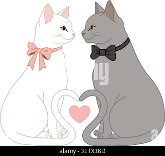 Graziosa coppia di gatti seduti insieme in stile pastello minimale, gatti bianchi e grigi con cravatta e nastro, code che formano una forma a cuore, intimo romantico Illustrazione Vettoriale