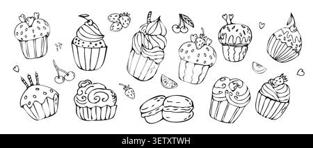 Set di cupcake e macaron, fragole e ciliegie, forme di cuore su sfondo bianco. Illustrazione di schizzo lineare con contorno bianco. Dolce Illustrazione Vettoriale