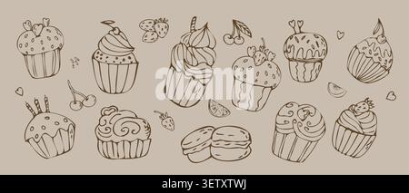 Set di cupcake e macaron vintage, fragole e ciliegie, a forma di cuore. Illustrazione lineare dello schizzo del contorno. Vettoriale di dolci in retr Illustrazione Vettoriale