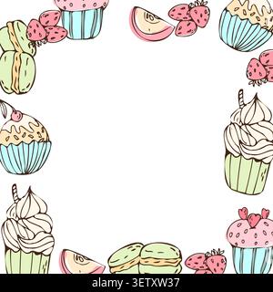 Cornice per dessert dolce disegnata a mano, illustrazione a doodle con colori tenui. Muffin, mele, fragole, cupcake, macaron per la progettazione di alimenti. Illustrazione Vettoriale