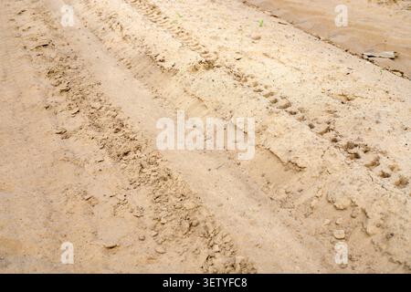 Piste di trazione su una strada di campagna sabbiosa. Segni di profondità del battistrada provenienti da attrezzature per l'edilizia o da un caricatore pesante. La consistenza dei cingoli degli pneumatici su sabbia bagnata e di Foto Stock