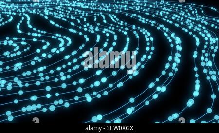 Flusso di dati sulle particelle astratte lungo la traiettoria curva con movimento digitale dinamico ed energia di rete Foto Stock