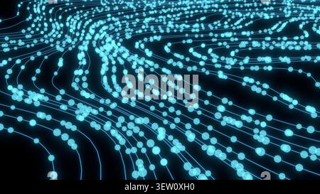 Flusso di dati sulle particelle astratte lungo la traiettoria curva con movimento digitale dinamico ed energia di rete Foto Stock