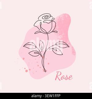 Disegno di fiori minimalista Rose Line Art su sfondo rosa astratto Illustrazione Vettoriale