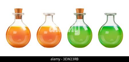 Provetta per analisi del sangue da laboratorio, flacone di pozione 3D. Pallone in vetro liquido, gioco rpg a bulbo magico. Becher chimico da laboratorio, vaso di elisir medievale. Fiala medica Illustrazione Vettoriale