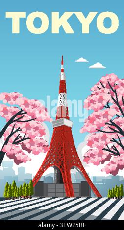 Arte vettoriale stilizzata di una torre rossa tra alberi sakura in fiore sotto il cielo blu. Illustrazione Vettoriale