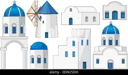Collezione vettoriale isolata di edifici bianchi mediterranei con cupole blu e mulino a vento tradizionale. Illustrazione Vettoriale