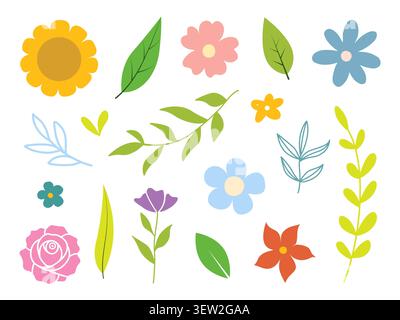 Collezione di fiori colorati e foglie vettoriali. Set di elementi decorativi floreali. Illustrazione Vettoriale