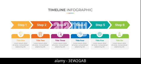 Modello di presentazione infografica della timeline con 6 passaggi o opzioni. Infografica di processo a sei fasi con 6 fasi di freccia e sei opzioni numeriche. Vettore. Illustrazione Vettoriale