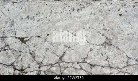 Vista aerea ravvicinata di calcestruzzo gravemente incrinato o terreno calcareo intemprato che mostra profonde fratture poligonali irregolari. Foto Stock