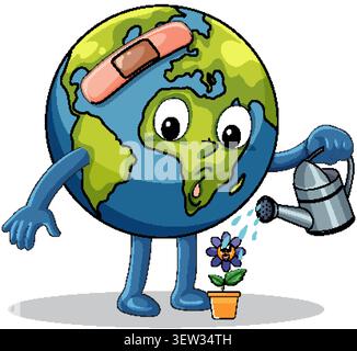 Il personaggio della Terra fasciato innaffia fiori selvatici con lattina da annaffiare, colorato stile cartoni vettoriali piatti Illustrazione Vettoriale