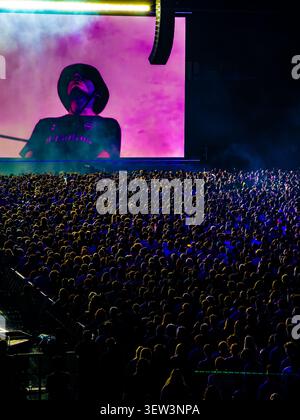Una grande folla di tifosi in piedi davanti al palco durante un concerto allo stadio sotto una luce spettacolare e fumo Foto Stock