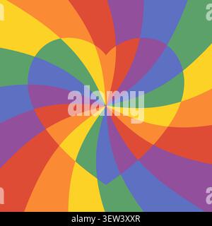 Sfondo vettoriale a spirale Rainbow Pride con cuore, design a spirale queer LGBT psichedelico retrò per i poster del mese Pride Illustrazione Vettoriale