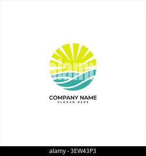 Un vivace logo vettoriale circolare che mostra un'esplosione di sole giallo astratto sulle onde azzurre dell'oceano, perfetto per agenzie di viaggio, località balneari o surf Illustrazione Vettoriale