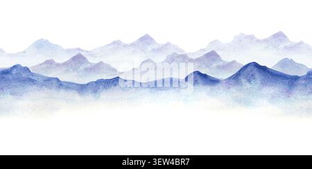 Un motivo a forma d'acquerello con bordi orizzontali senza cuciture, con creste di montagna nebbiose in tonalità blu, viola e indaco. Splendida natura panoramica Foto Stock