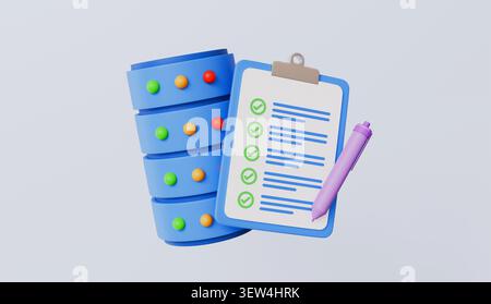 Icona del database con appunti, database, sicurezza informatica, illustrazione 3d del concetto di sicurezza dell'archiviazione dei dati Foto Stock