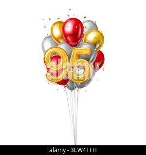 Un vivace bouquet di palloncini colorati che formano il numero 95 con coriandoli che cadono intorno a loro. Illustrazione Vettoriale