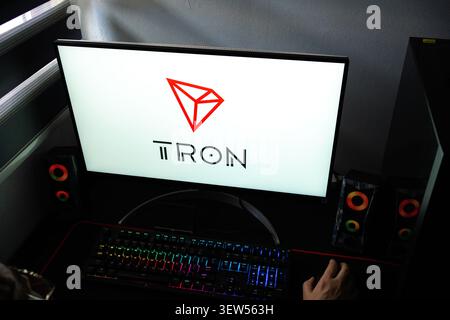 Una persona a una scrivania con il logo della blockchain decentralizzata TRON (TRX) visualizzato su un monitor del computer Foto Stock