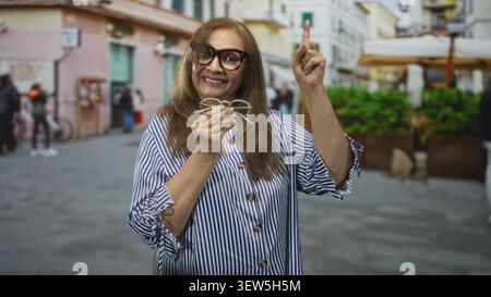 Donna anziana che sorride, tiene gli occhiali e punta il dito su una strada pedonale vicino a ombrelloni e piantagioni vicino a edifici pastello; disco gioioso Foto Stock