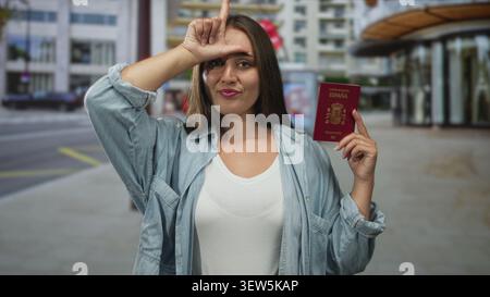 Donna in possesso di un passaporto spagnolo mentre fa un cartello sulla fronte su una strada della città; sicurezza di viaggio e indipendenza. Foto Stock
