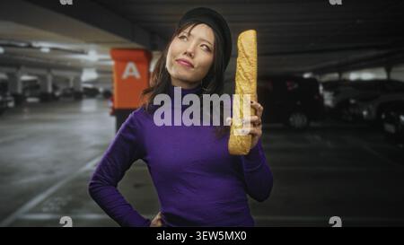 Giovane donna asiatica che tiene la baguette con la mano sull'anca nell'edificio del parcheggio, indossa dolcevita viola e berretto, sorridendo mentre guarda in alto; curiosi giocose Foto Stock