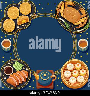 Banner quadrato modificabile per il Festival di metà autunno con piatti tradizionali asiatici: Torte di luna, granchio, dim sum, maiale arrosto e tè con spazio copia. Illustrazione Vettoriale