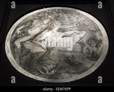Lastra in argento incisa raffigurante Venere, Bacco, Cerere e Amor di Hendrick Goltzius, 1595. Si tiene al Kunsthistorisches Museum di Vienna. Foto Stock