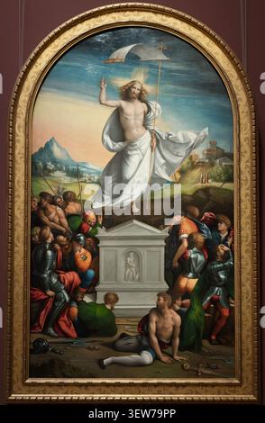 Resurrezione di Cristo, olio su pioppo, 1520, di benvenuto Tisi, il Garofalo. Pala d'altare rinascimentale. Situato presso il Kunsthistorisches Museum Wien Foto Stock