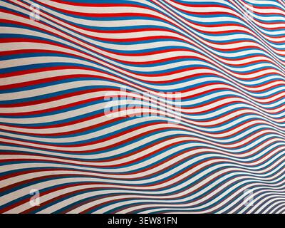 Pittura op Art con strisce ondulate rosse, blu e bianche che creano un'illusione ottica di movimento. Emulsione su tela. Foto Stock