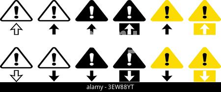Icone triangolari di avvertenza e attenzione con segni esclamativi e frecce – simboli di sicurezza vettoriale Illustrazione Vettoriale