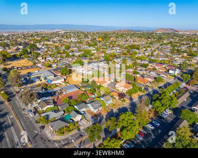 Vista aerea delle residenze storiche nel centro di Newark, California CA, Stati Uniti. Foto Stock